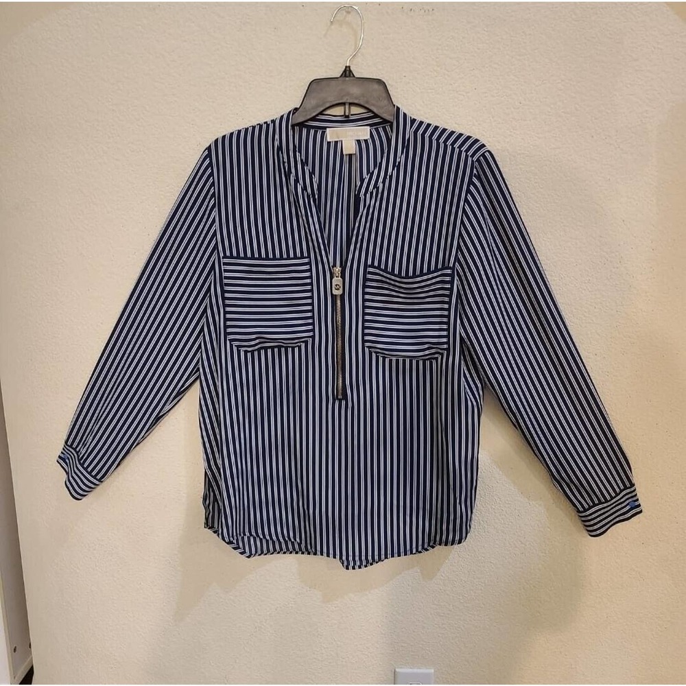 Michael Kors Blue And White Stripes With Gold Zipper Full Sleeves Top Size L